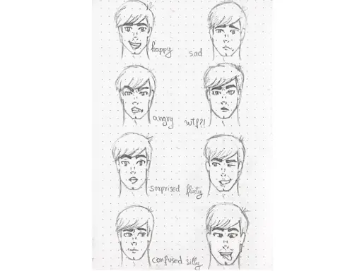Dibujo de expresiones faciales de un chico: feliz, triste, enojado, sorprendido, coqueto, confundido y tonto.