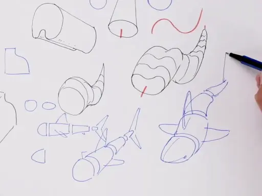 Bocetos de tiburones y formas geométricas, parte de ejercicios de dibujo.
