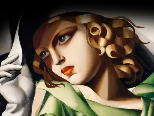 Retrato de mujer con sombrero y guantes blancos, al estilo de Tamara de Lempicka. Ojos verdes intensos y labios rojos vibrantes.