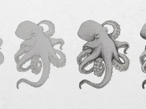 Secuencia de un pulpo dibujo realista, desde un boceto simple hasta un detallado estudio de sombreado y textura.