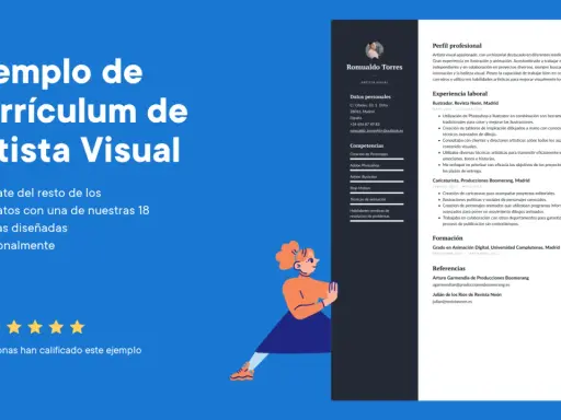 Ejemplo de currículum de artista visual. Muestra la experiencia, competencias y formación de Romualdo Torres, un artista visual con pasión por la ilustración y animación.