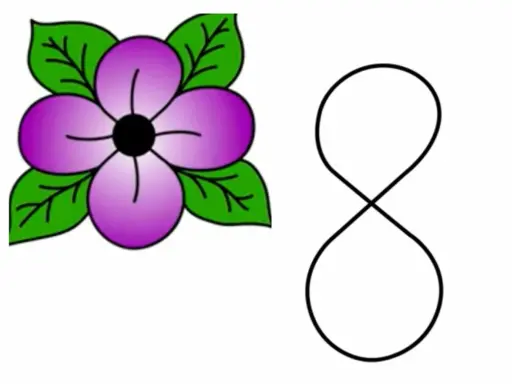 Un dibujo fácil de flores moradas con hojas verdes, junto a un símbolo de infinito.
