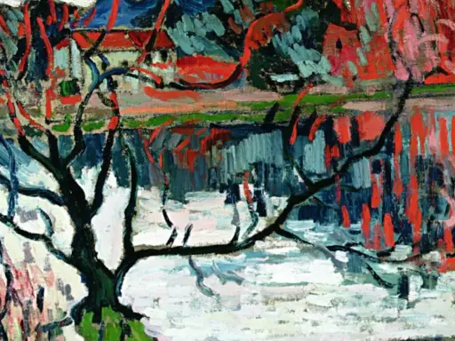 Paisaje invernal con árbol desnudo y reflejos rojos vibrantes, al estilo de Maurice de Vlaminck.