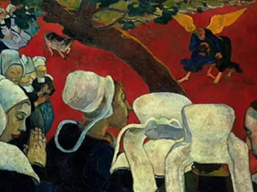 Visión de Jacob por Paul Gauguin: mujeres bretonas rezan ante un ángel luchando con Jacob.