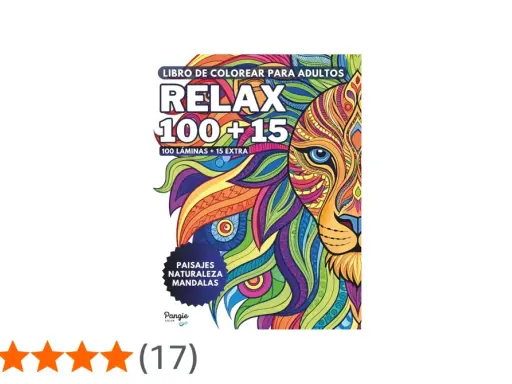 Libro de dibujos para pintar adultos "Relax 100+15" con un león colorido. Incluye paisajes, naturaleza y mandalas.