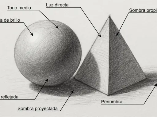 Esfera y pirámide con etiquetas que explican cómo hacer sombras, mostrando luz directa, tono medio, zona de brillo, luz reflejada, sombra proyectada, sombra propia y penumbra.