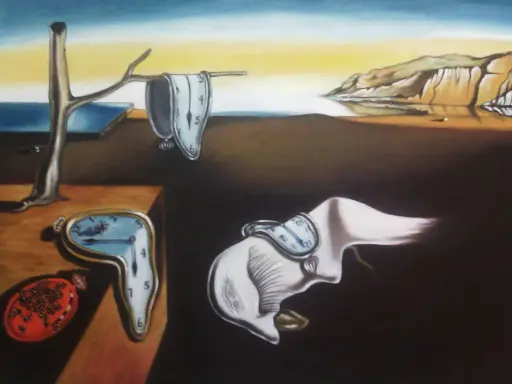 Relojes blandos, un paisaje desolado y una figura extraña, todo evoca el surrealismo de Salvador Dalí.