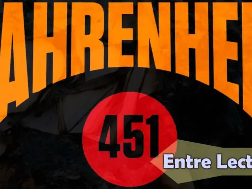 Fahrenheit 451: un resumen visual de la quema de libros. El título naranja gigante domina la imagen, con el número 451 en un círculo rojo.