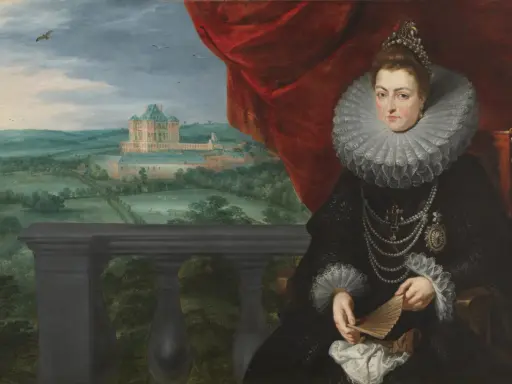 Retrato de dama con gran gorguera, joyas y abanico, con un paisaje de palacio al fondo, obra de Peter Paul Rubens.