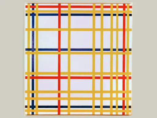 Composición abstracta con líneas amarillas, rojas y azules creando un patrón de movimiento en squares sobre fondo blanco.