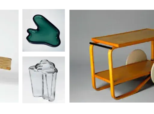 Iconos del diseño: tumbona, objetos de cristal y carritos, junto a sillas famosas de arquitectos.