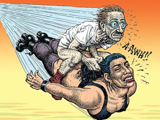Un hombre delgado con gafas azules, típico de los robert crumb dibujos, grita mientras es llevado por una mujer musculosa.