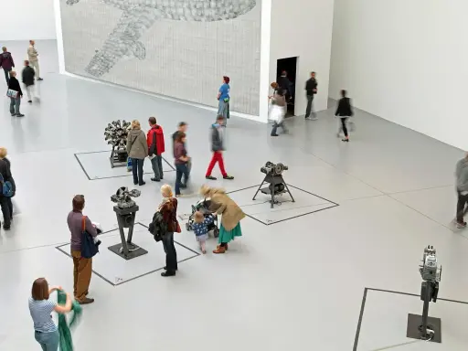 Gente pasea por una galería de arte, observando instalaciones mecánicas y un gran mural. Un día en las ferias de arte.