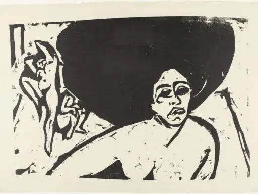 Retrato expresionista de Ernst Ludwig Kirchner. Figuras desnudas en el fondo.