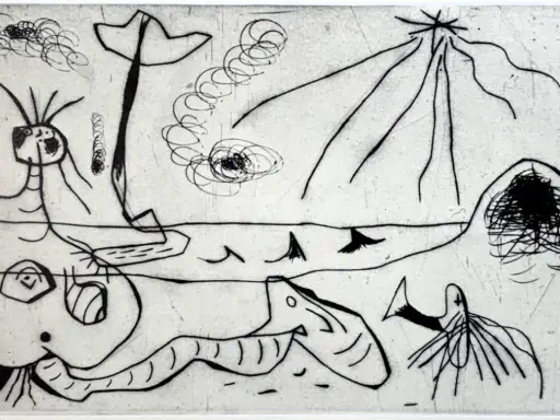Un grabado en arte con figuras abstractas y marinas, como un pez alargado y criaturas fantásticas, en un estilo surrealista.