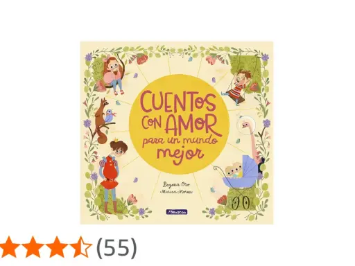 Ilustración de un libro titulado "Cuentos con amor para un mundo mejor", con niños, un príncipe y animales en un entorno floral.