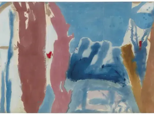 Pintura abstracta con tonos azules y rosados que evocan la inmensidad de las montañas y la calma del mar.