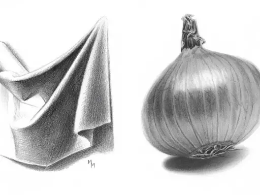 Dibujo a lápiz de una tela doblada y una cebolla. La tela muestra pliegues y sombras detalladas, mientras que la cebolla tiene una textura realista.