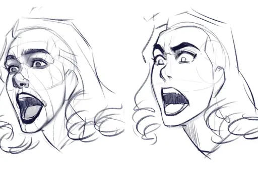 Dos dibujos de personas con expresiones de sorpresa o grito, bocetos a lápiz con líneas de construcción visibles.