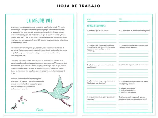 Hoja de trabajo con la fábula "La mejor voz", ideal para lectura para niños de 8 a 10 años, con preguntas de comprensión.