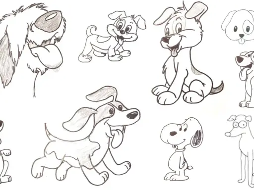 Colección de dibujos de animales a lápiz fáciles de hacer, mostrando varios cachorros juguetones y sonrientes.