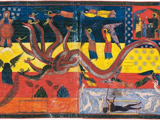 Pintura al temple de un dragón de siete cabezas luchando contra ángeles y almas.