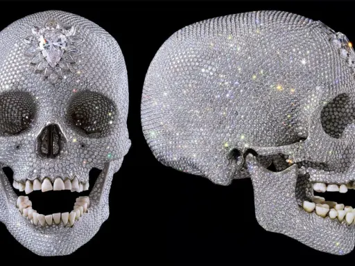 Cráneo cubierto de diamantes, ¡por el amor de Dios! Brilla intensamente con miles de gemas incrustadas, mostrando una opulencia deslumbrante.
