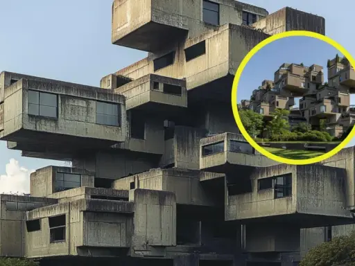Edificio de hormigón apilado, un ejemplo de que es el brutalismo. La imagen muestra la arquitectura de Habitat 67 en Montreal.