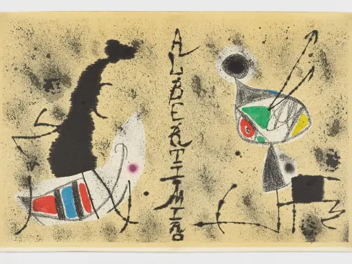 Composición abstracta con figuras biomórficas y trazos enérgicos, evocando el estilo de Joan Miró.
