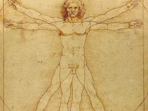 El Hombre de Vitruvio, estudio de Leonardo da Vinci sobre la anatomía humana y las proporciones perfectas.