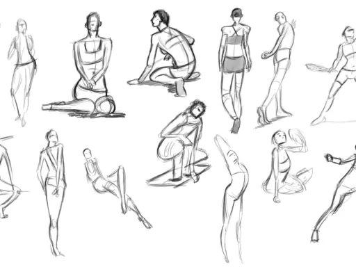 Un boceto rápido de figuras humanas en diversas poses, capturando la esencia del movimiento. Un dibujo en movimiento que muestra la fluidez de la anatomía.