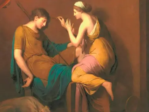Dos mujeres, inspiradas en pintoras del Renacimiento, crean arte. Una posa mientras la otra pinta con delicadeza.