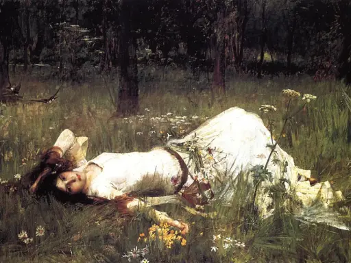 Una joven yace en un prado, rodeada de flores silvestres. El estilo de John William Waterhouse evoca un sueño etéreo en la naturaleza.