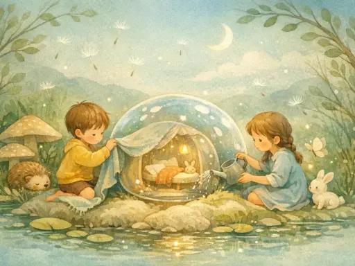 Niños cuidan un conejito en una burbuja mágica, como en cuentos con moraleja. Un erizo y setas observan.