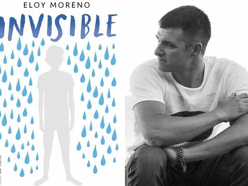 Resumen del libro Invisible de Eloy Moreno: la portada muestra un chico silueta bajo la lluvia y el autor.
