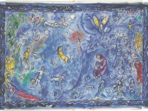Escena onírica de **Marc Chagall** con figuras celestiales, animales y multitudes en tonos azules.