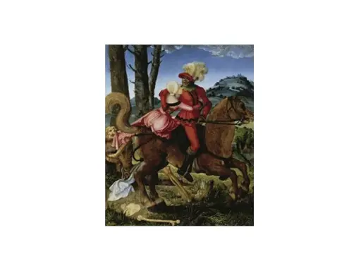 Cabalgata de la Muerte, obra de Hans Baldung Grien. Un jinete con atuendo rojo abraza a una dama, mientras la Muerte, un esqueleto, los acompaña.