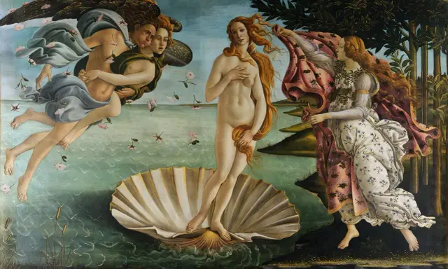 El Nacimiento de Venus, uno de los cuadros de museos famosos, muestra a Venus en una concha, con Céfiro y una ninfa a su lado.