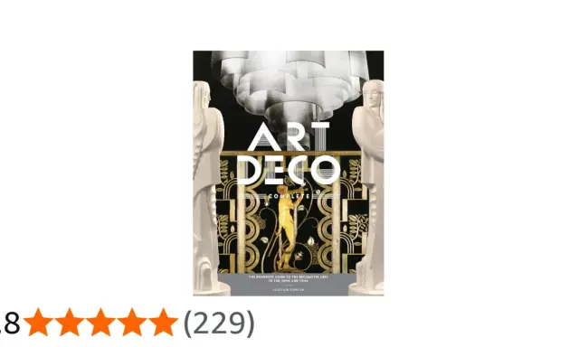 Portada de libro "Art Deco Complete" con figuras estilizadas y motivos dorados, evocando el glamour de la época.