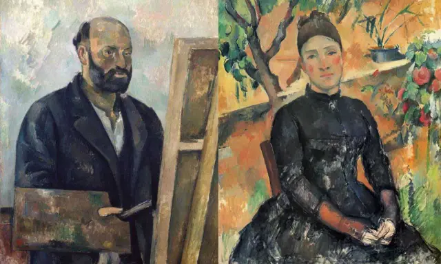 Dos retratos de Paul Cézanne: un hombre con barba y paleta, y una mujer con vestido negro en un jardín.