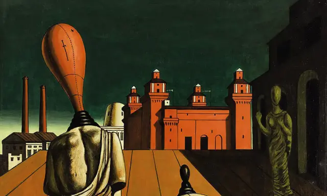 Paisaje metafísico de Giorgio de Chirico con estatuas y edificios arquitectónicos bajo un cielo oscuro.