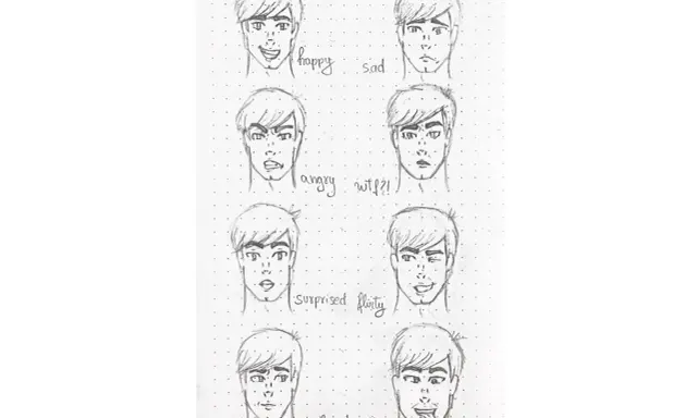 Dibujo de expresiones faciales de un chico: feliz, triste, enojado, sorprendido, coqueto, confundido y tonto.