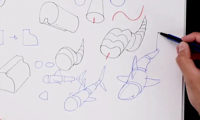 Bocetos de tiburones y formas geométricas, parte de ejercicios de dibujo.
