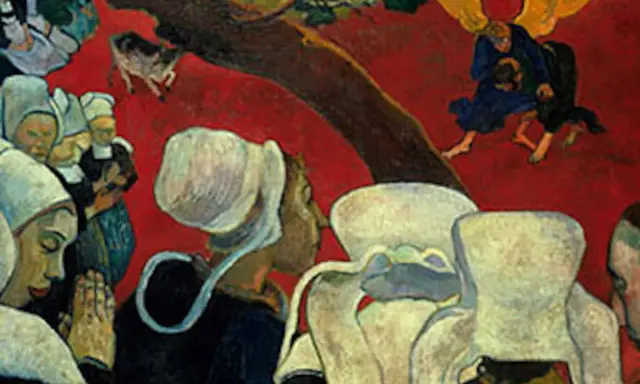 Visión de Jacob por Paul Gauguin: mujeres bretonas rezan ante un ángel luchando con Jacob.