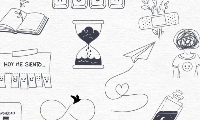 Ideas de dibujos aesthetic: libro abierto, reloj de arena, avión de papel, corazón, botella con luna, y más.