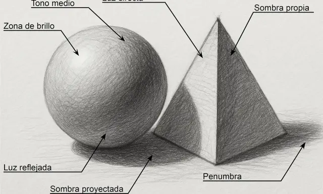Esfera y pirámide con etiquetas que explican cómo hacer sombras, mostrando luz directa, tono medio, zona de brillo, luz reflejada, sombra proyectada, sombra propia y penumbra.