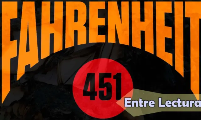 Fahrenheit 451: un resumen visual de la quema de libros. El título naranja gigante domina la imagen, con el número 451 en un círculo rojo.
