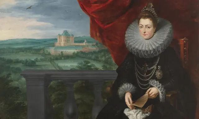 Retrato de dama con gran gorguera, joyas y abanico, con un paisaje de palacio al fondo, obra de Peter Paul Rubens.