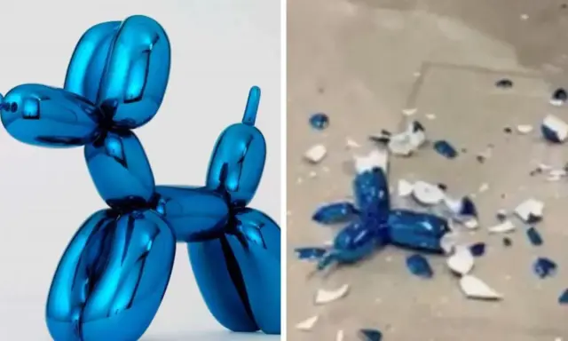 El icónico perro globo azul de Jeff Koons, intacto a la izquierda, destrozado a la derecha.