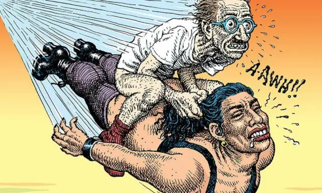Un hombre delgado con gafas azules, típico de los robert crumb dibujos, grita mientras es llevado por una mujer musculosa.